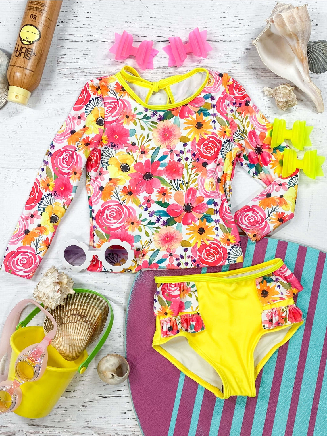 Hot Pink & Yellow floral rash guard swimsuit