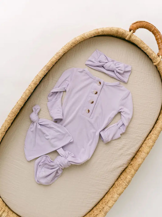 Newborn Knotted Gown, Hat, & Headband Set- Lavender